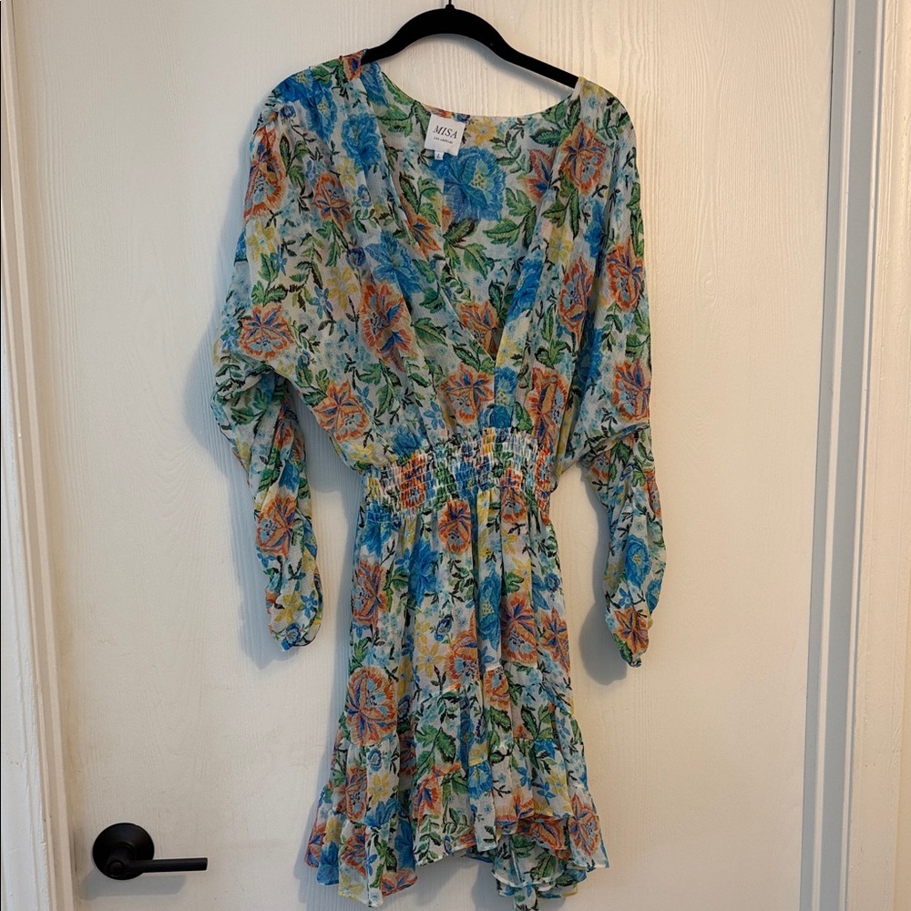 Misa Los Angeles Floral Long Sleeve Dress - Blue, Orange, Green
